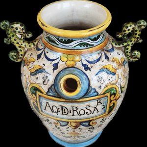 Vintage Italian Ceramic Pottery Two-Handled Wet Drug Jar, Deruta or Majolica